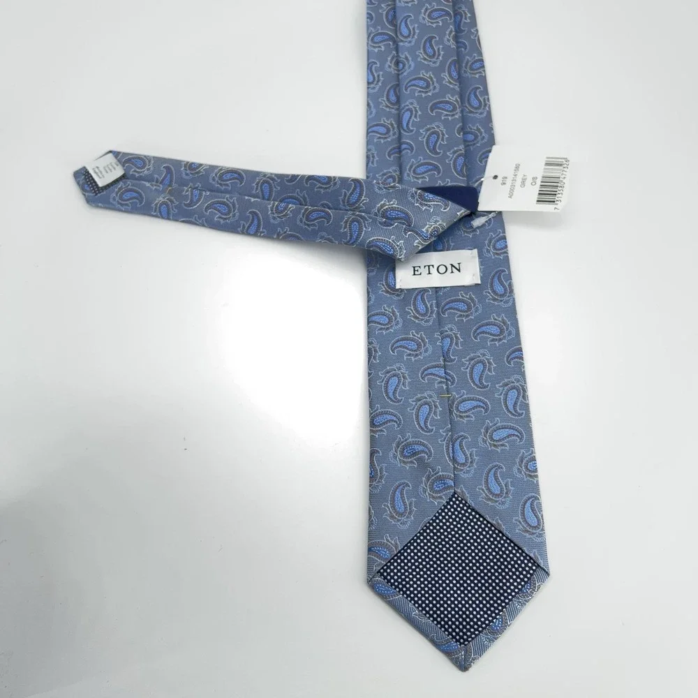 Eton Necktie Mens One Size‎ Grey Blue Silk Paisley Luxury Made In England NWT